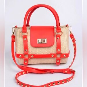 3Am Forever Weave Red Trim Gold Studs Satchel Crossbody Bag NWT